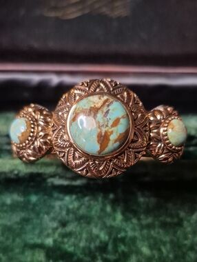 Turquoise Stone Gold-Tone Floral Cuff Bracelet - Turquoise Thailand